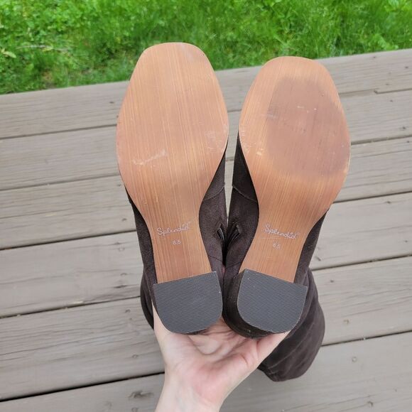 Splendid Chocolate Brown Suede Leather Square Toe Chunky Heel Slouchy Tall Boots - Picture 5 of 8